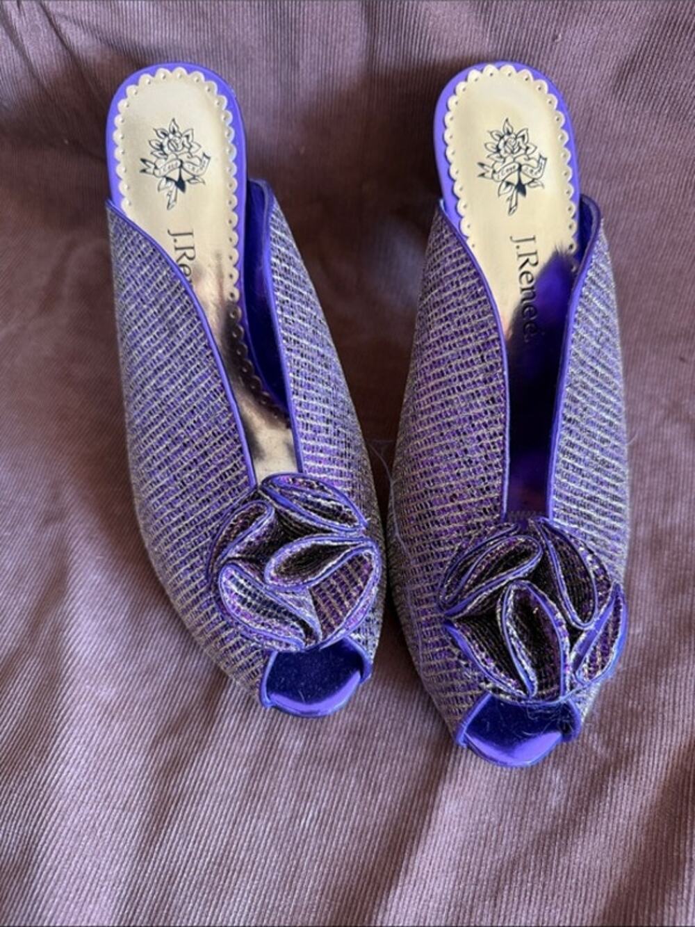 J. Renee Purple Textured Mesh Open Toed Slide Mules Stylized Flower sz 8.5W